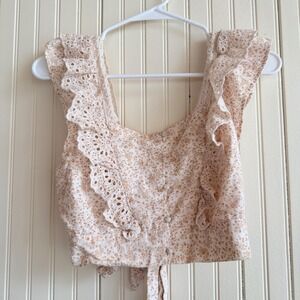 American Eagle Floral Eyelet Ruffle Crop Top Tan White Button Front Tie Back M